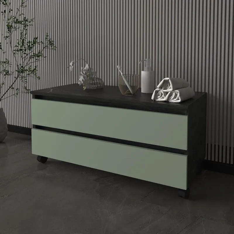 Balcão Gabinete Para Banheiro 80cm Com Rodízio E 2 Gavetas Bn3603 Preto/mármore Lunar/verde Mar Mármore Lunar/verde Mar