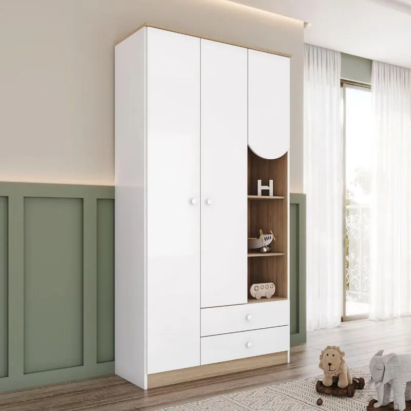 Guarda Roupa Infantil Magia 3 Portas 2 Gavetas com Nichos Decorativos Branco/Jequitibá