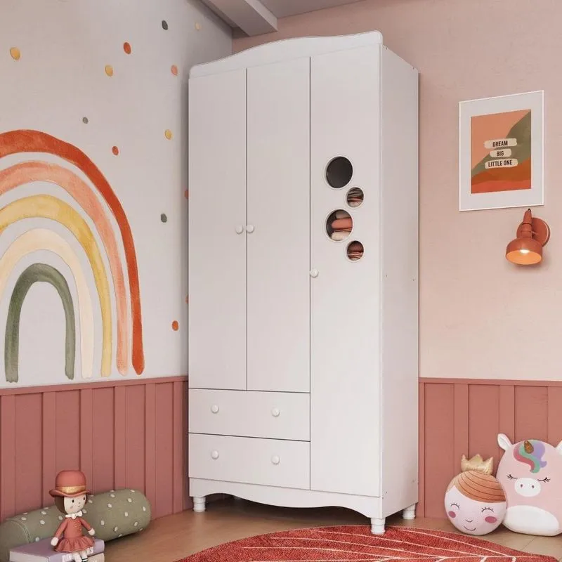 Guarda Roupas Infantil 3 Portas e 2 Gavetas Linha Encanto Branco