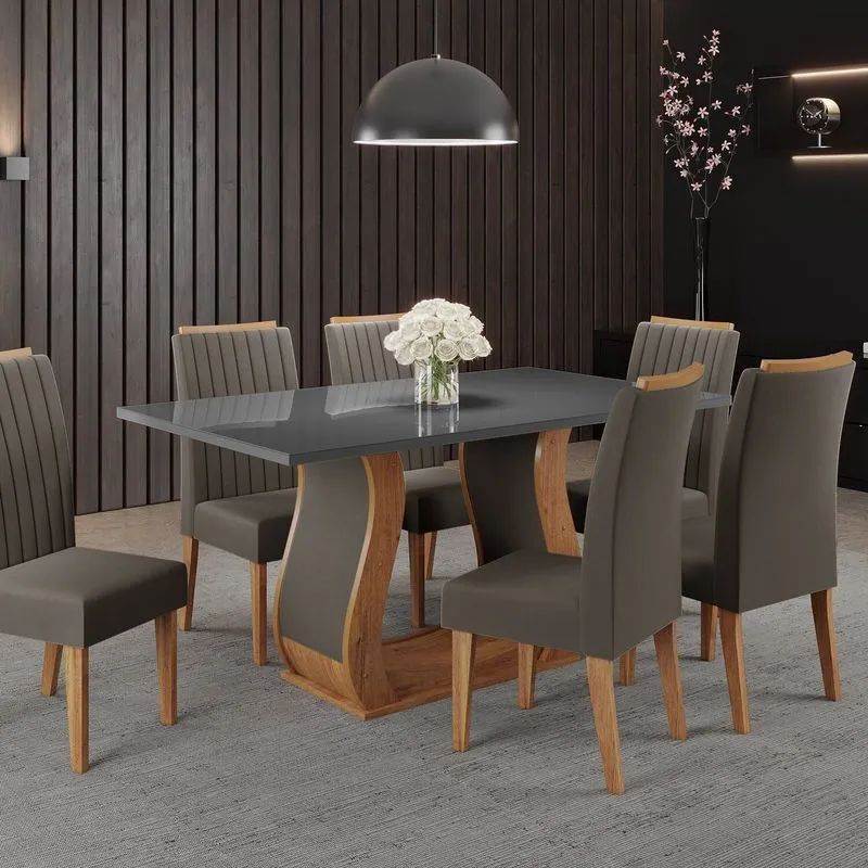 Conjunto Mesa De Jantar Retangular Manuela 160x80cm Com Vidro E 6 Cadeiras Yescasa Cinza/grafite/mel Grafite/mel