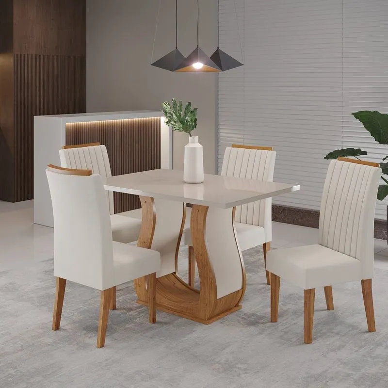 Conjunto Mesa De Jantar Retangular Amore 120x80cm Com Vidro E 4 Cadeiras Yescasa Bege/mel/off White/marfim Mel/off White/marfim