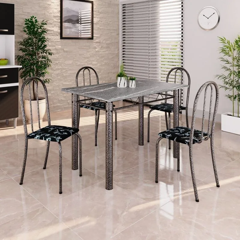 Conjunto De Mesa Tubular 100cm X 60cm Tampo Em Granito Com 4 Cadeiras Prata/preto Preto /prata