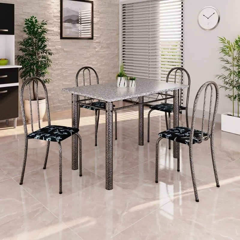 Conjunto De Mesa Tubular 100cm X 60cm Tampo Em Granito Com 4 Cadeiras Prata/preto Preto/prata