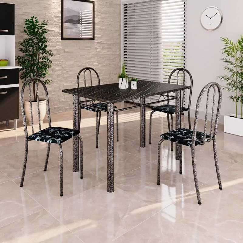 Conjunto De Mesa Tubular 100x60cm Tampo Em Ardósia Indiano Com 4 Cadeiras Ane B Soma Móveis Prata/preto Preto/ Prata