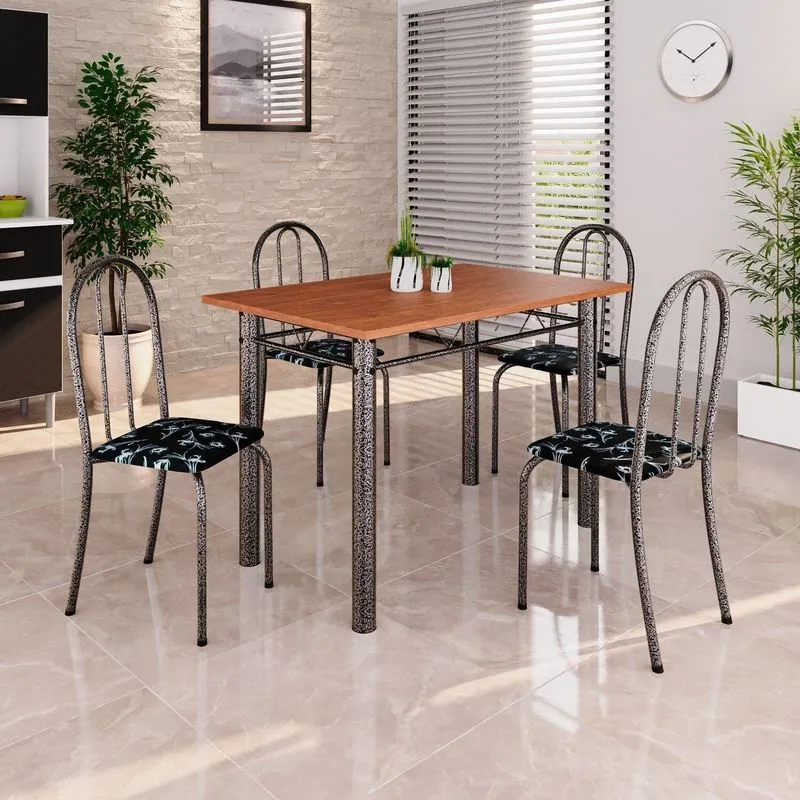 Conjunto De Mesa Tubular 100x60cm Tampo Em Mdf Com 4 Cadeiras Ane B Soma Móveis Prata/preto Preto / Prata