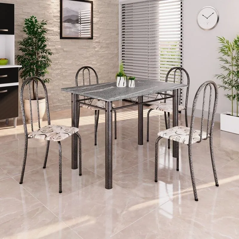 Conjunto De Mesa Tubular 100cm X 60cm Tampo Em Granito Com 4 Cadeiras Prata/arabesco Arabesco/ Prata
