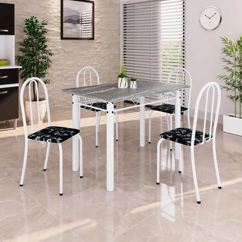 Conjunto De Mesa Tubular 100cm X 60cm Tampo Em Granito Com 4 Cadeiras Branco/preto Preto/ Branco