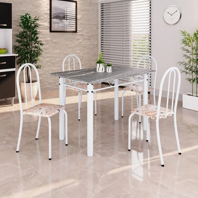 Conjunto De Mesa Tubular 100cm X 60cm Tampo Em Granito Com 4 Cadeiras Branco/bege Bege / Branco