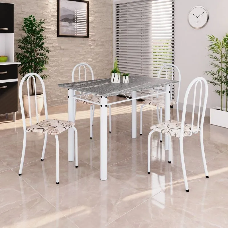 Conjunto De Mesa Tubular 100cm X 60cm Tampo Em Granito Com 4 Cadeiras Arabesco/branco Arabesco/ Branco