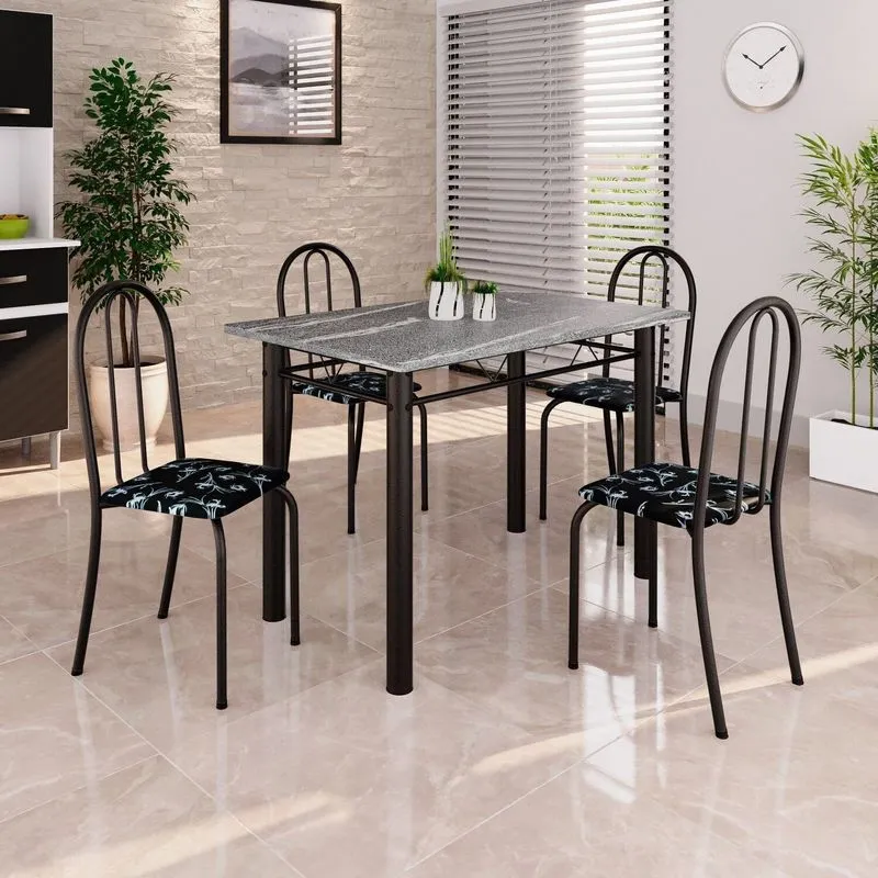 Conjunto De Mesa Tubular 100cm X 60cm Tampo Em Granito Com 4 Cadeiras Preto/floral/txt Floral Preto / Preto Txt