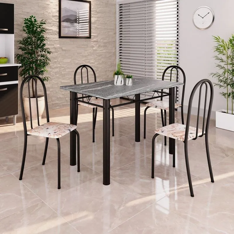 Conjunto De Mesa Tubular 100cm X 60cm Tampo Em Granito Com 4 Cadeiras Preto/bege Bege / Preto