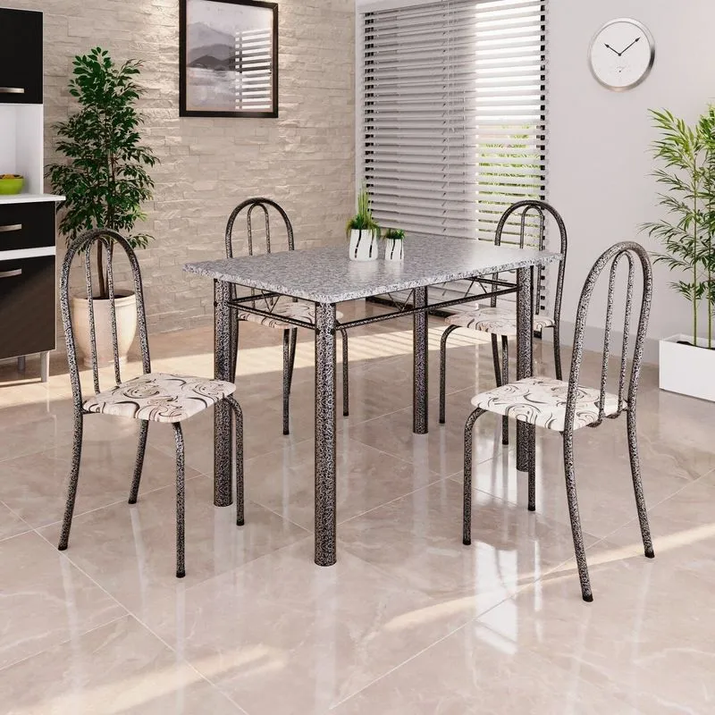 Conjunto De Mesa Tubular 100cm X 60cm Tampo Em Granito Com 4 Cadeiras Arabesco/prata Arabesco /prata
