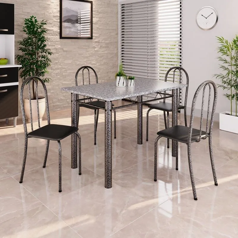 Conjunto De Mesa Tubular 100cm X 60cm Tampo Em Granito Com 4 Cadeiras Preto/prata Preto /prata
