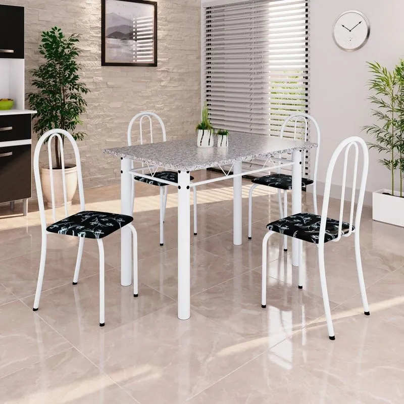 Conjunto De Mesa Tubular 100cm X 60cm Tampo Em Granito Com 4 Cadeiras Branco/preto Preto/ Branco
