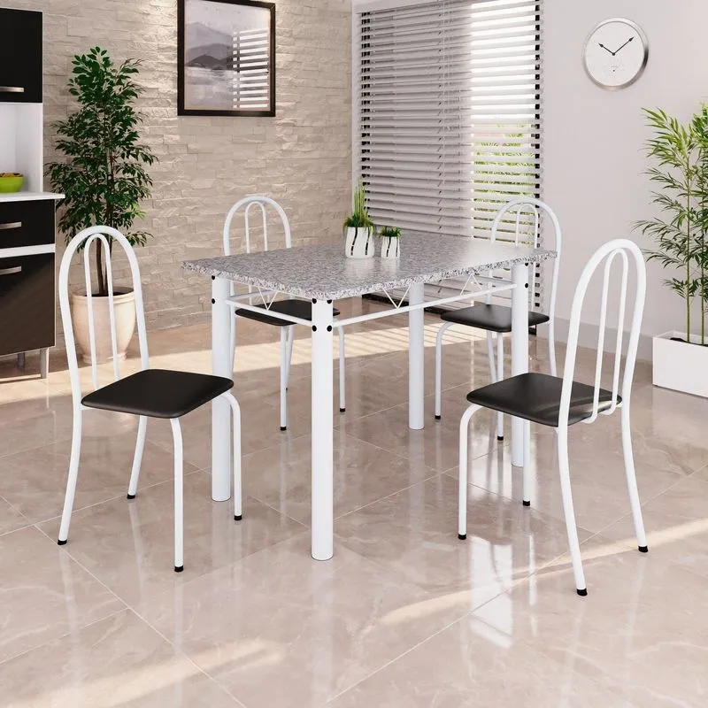 Conjunto De Mesa Tubular 100x60cm Tampo Em Granito Com 4 Cadeiras Branco/preto Preto / Branco