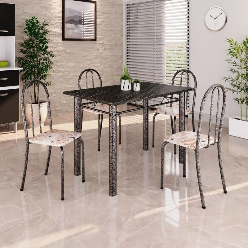 Conjunto De Mesa Tubular 100x60cm Tampo Em Ardósia Indiano Com 4 Cadeiras Prata/bege Bege / Prata