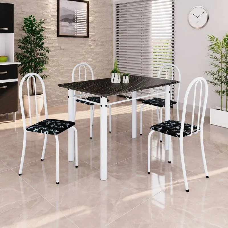 Conjunto De Mesa Tubular 100x60cm Tampo Em Ardósia Indiano Com 4 Cadeiras Branco/preto Preto / Branco