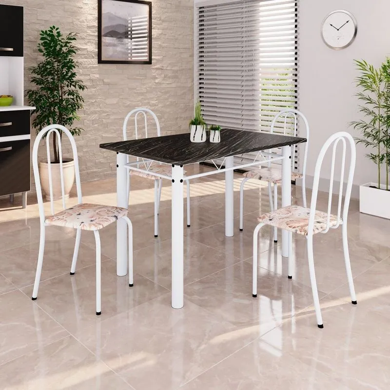 Conjunto De Mesa Tubular 100x60cm Tampo Em Ardósia Indiano Com 4 Cadeiras Branco/bege Bege / Branco