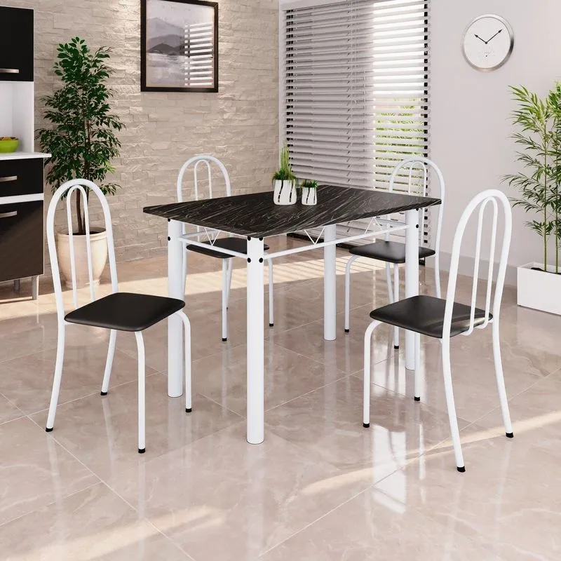 Conjunto De Mesa Tubular 100x60cm Tampo Em Ardósia Indiano Com 4 Cadeiras Preto/branco Preto / Branco
