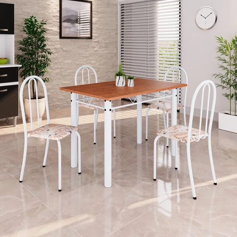 Conjunto De Mesa Tubular 100x60cm Tampo Em Mdf Com 4 Cadeiras Branco/bege Bege / Branco
