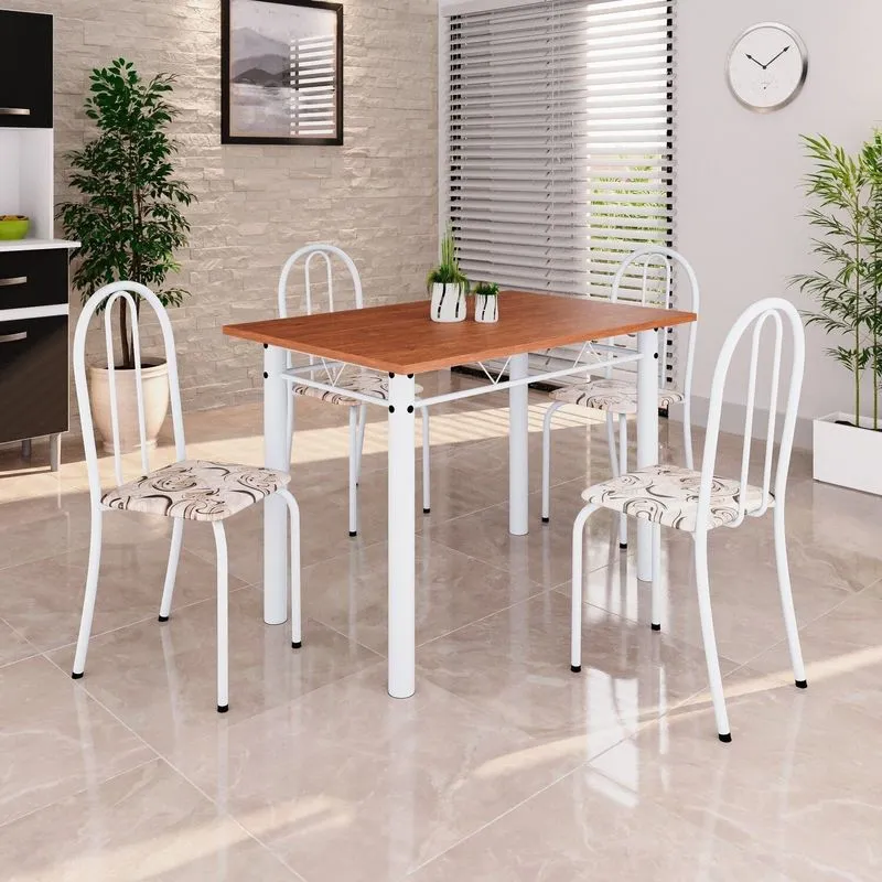 Conjunto De Mesa Tubular 100x60cm Tampo Em Mdf Com 4 Cadeiras Branco/arabesco Arabesco/ Branco