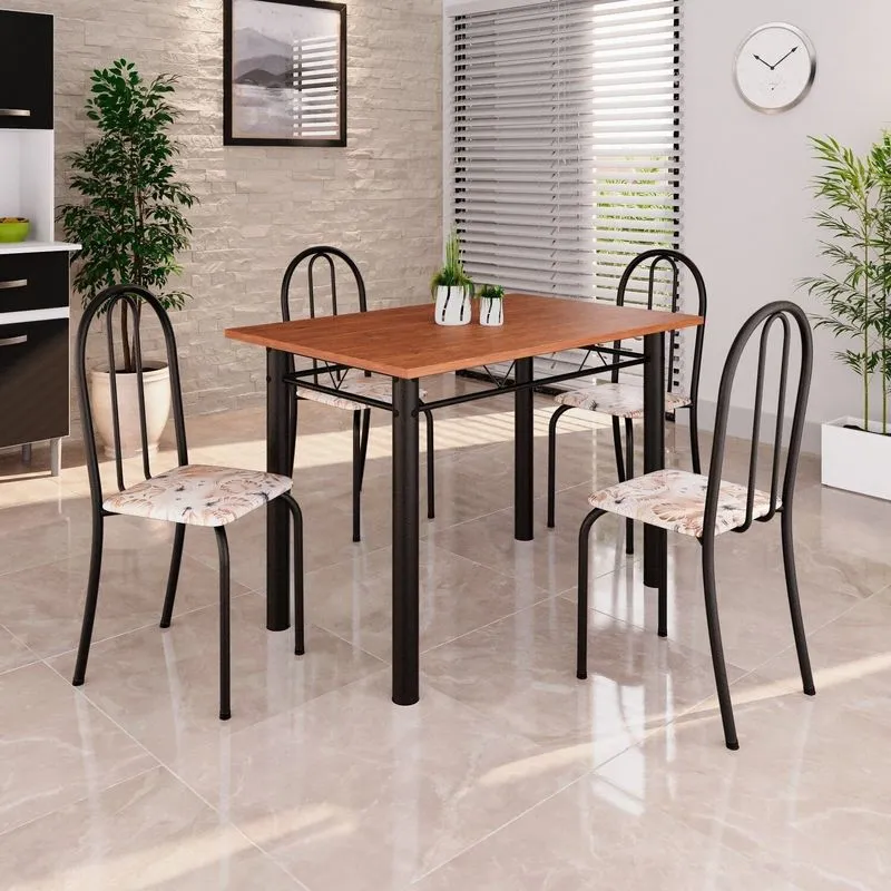 Conjunto De Mesa Tubular 100x60cm Tampo Em Mdf Com 4 Cadeiras Preto/bege Bege / Preto