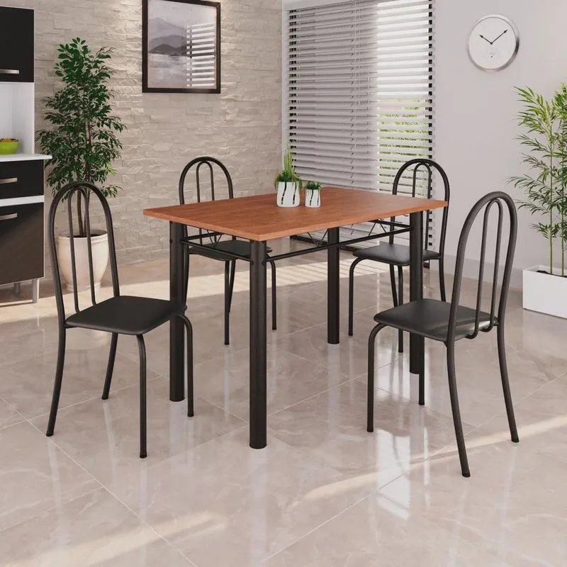 Conjunto de Mesa Tubular 100x60cm Tampo em Mdf com 4 Cadeiras Preto