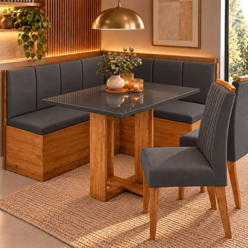 Conjunto Canto Baú Com Mesa De Jantar Retangular 120x80cm De Vidro E 2 Cadeiras Yescasa Cinza/mel/br Mel/cinza Brilho/grafite