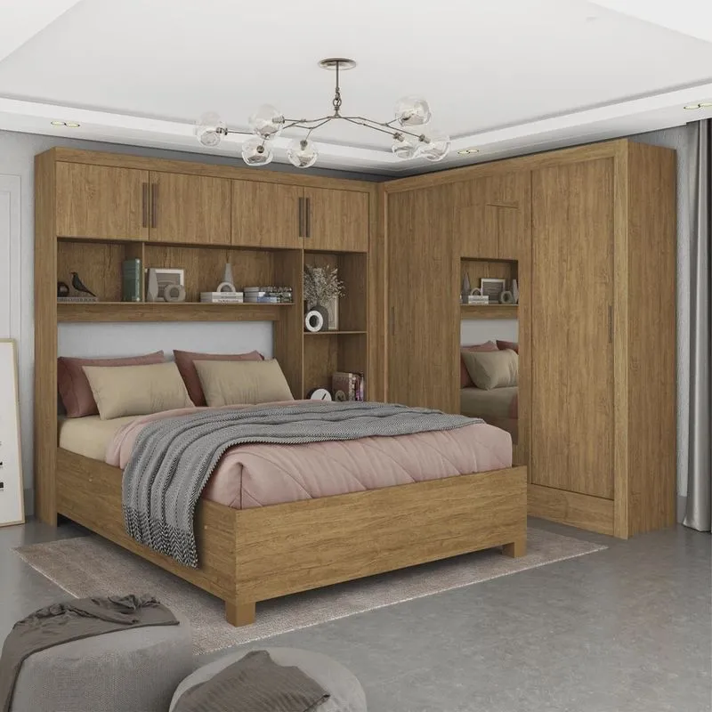 Guarda-roupa Casal Modulado 4 Portas com Cama Santiago 3 Portas com Espelho 5 Gavetas