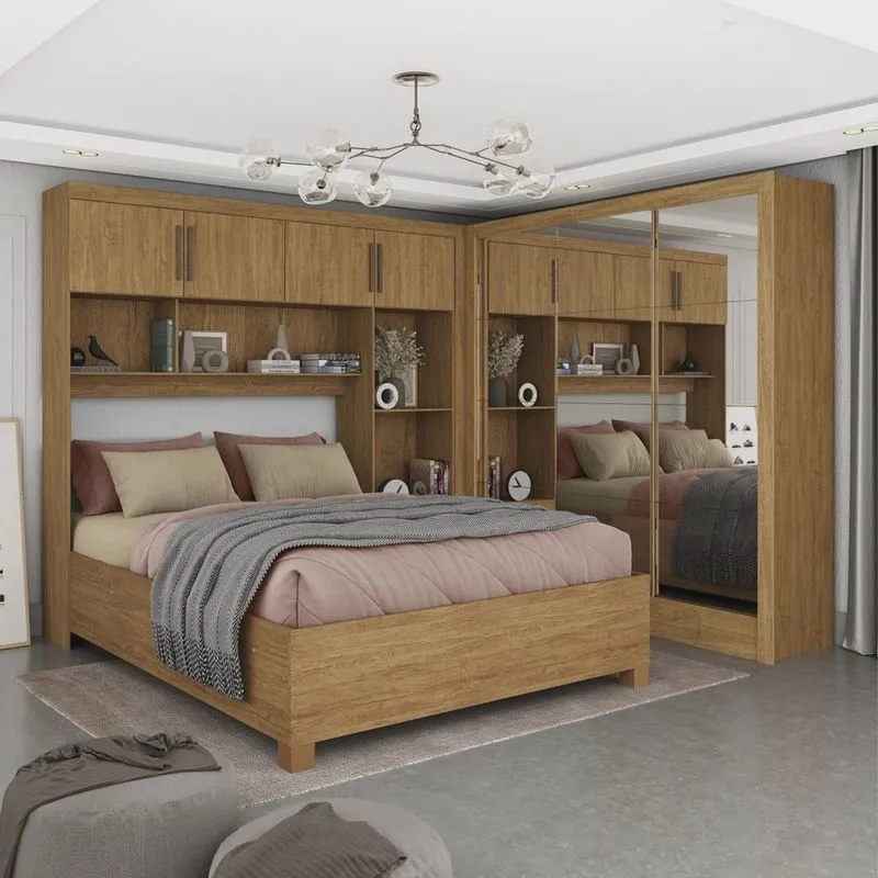 Guarda-roupa Casal Modulado 4 Portas com Cama Santiago 3 Portas Premium 5 Gaveta com Espelho