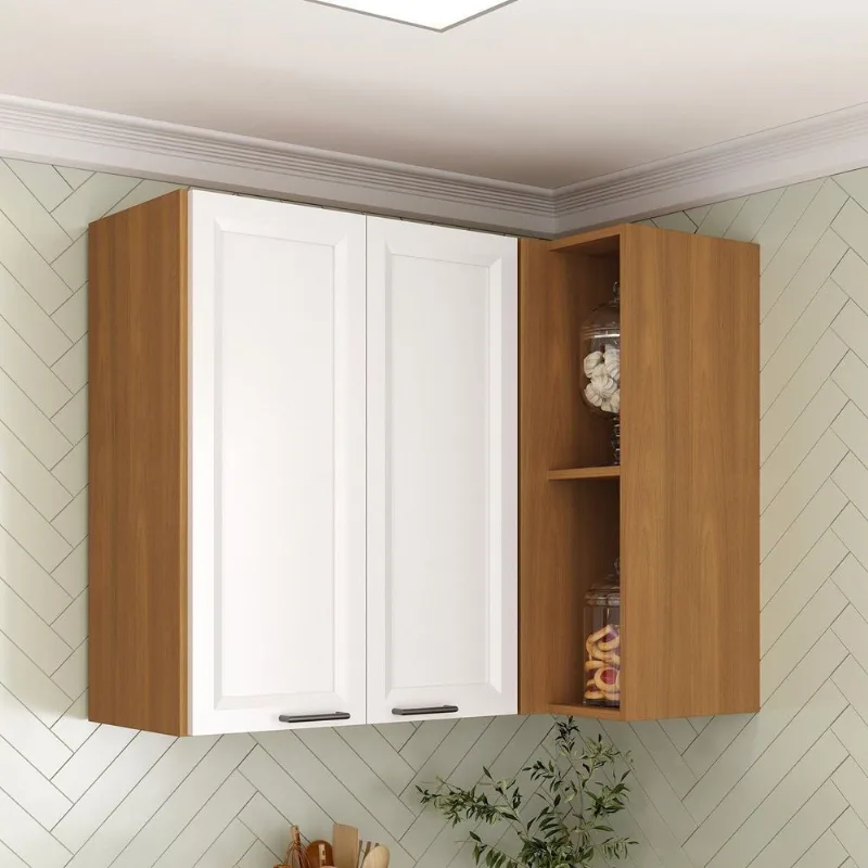 Armário Aéreo Planejado Canto Reto Soho CabeCasa MadeiraOriginals Branco/Freijó Freijó/Branco