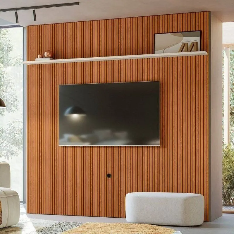 Painel Ripado Mdf Para Tv Até 75 Polegadas 238cmx244,5cm Frisado New Guaporé Marrom Cinamomo/off White