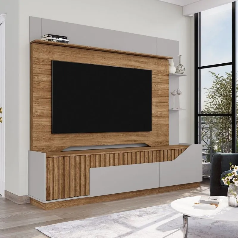 Estante Para Tv Até 75 Polegadas Com Ripado 1 Gaveta 2 Portas Cinamomo/off-white