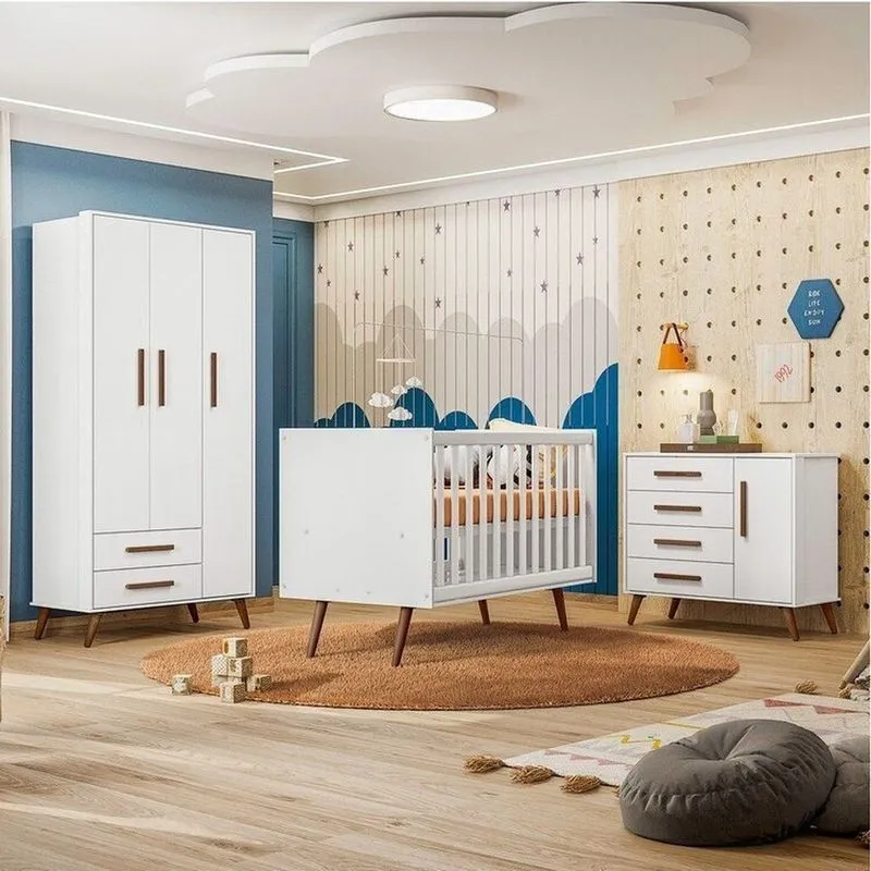 Conjunto Quarto De Bebê Encanto Retrô 1 Berço 1 Cômoda 4 Gavetas 1 Guarda Roupas 3 Portas Branco Branco