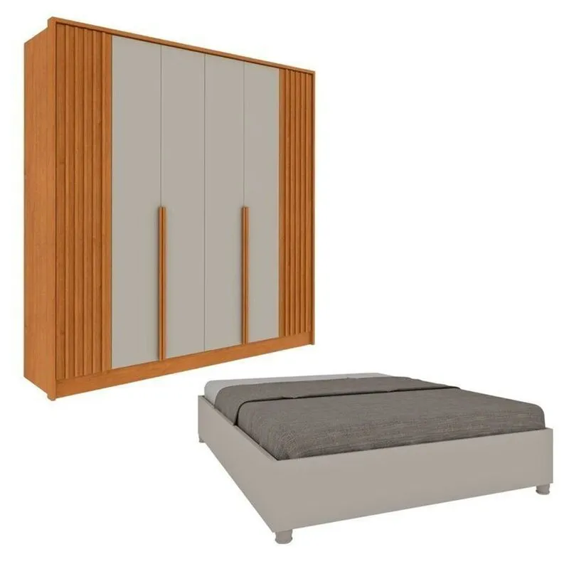 Conjunto Para Quarto 1 Guarda Roupa Ripado Nova York 1 Cama Casal Queen Monaco Espresso Móveis Bege/cinamomo/off White Cinamomo/off White