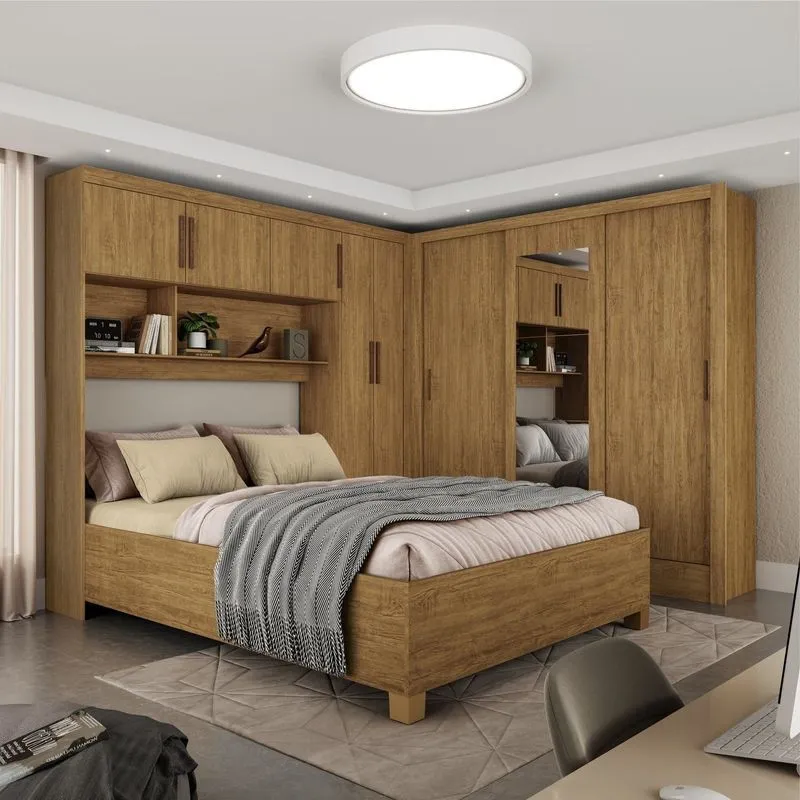 Guarda-roupa Casal Modulado 5 Portas Com Cama Santiago 3 Portas Com Espelho 5 Gavetas Marrom/cinamomo Cinamomo