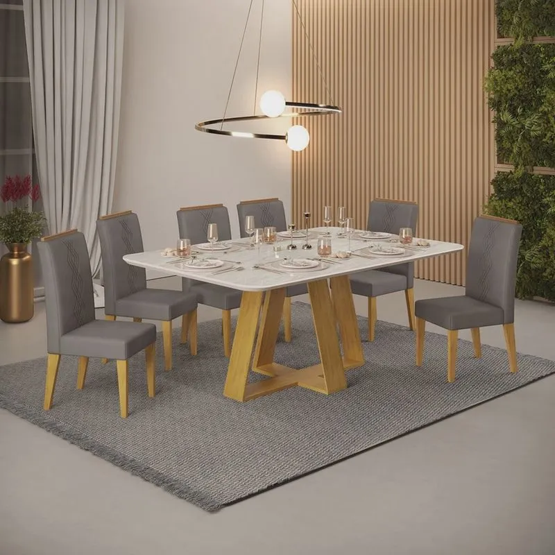 Mesa Kiara 1,70 Quartzo com 6 Cadeiras Yasmin Cedro/ Quartzo/ Lunar