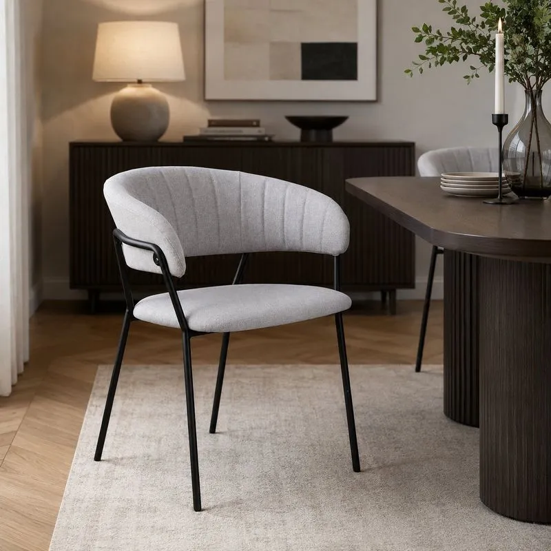 Cadeira Sala De Jantar Mara Com Braços Estofada Base Em Aço Cinza/linho Linho Cinza