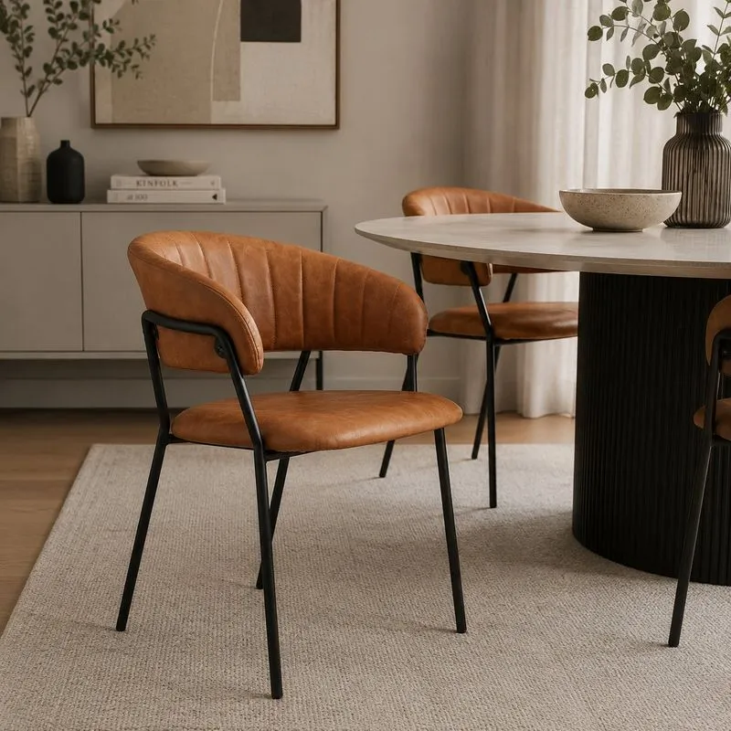 Cadeira Sala De Jantar Mara Com Braços Estofada Base Em Aço Pu Marrom