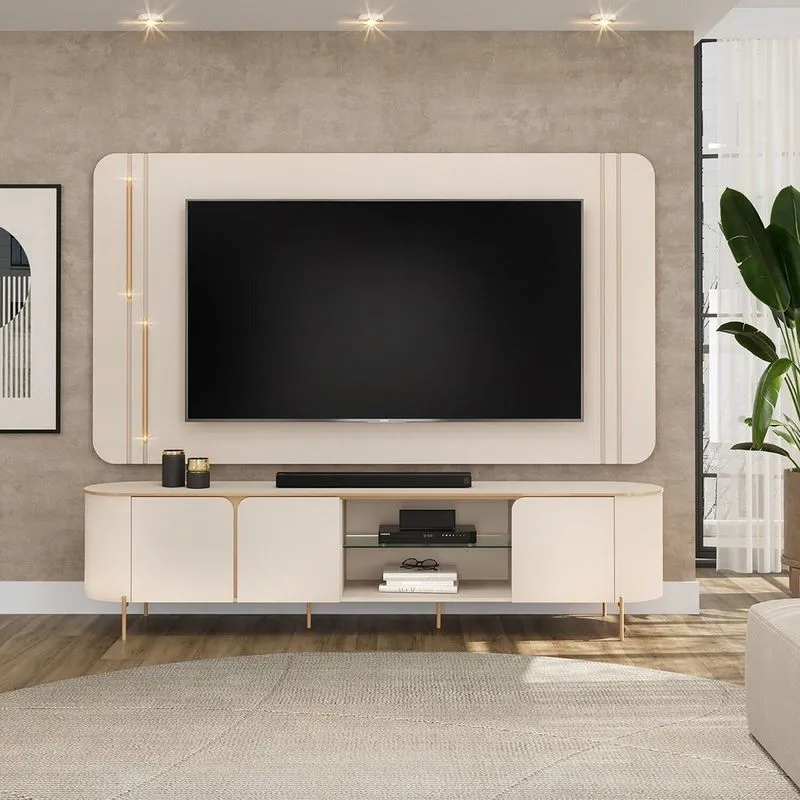 Rack Com Painel Para Tv Até 75 Polegadas 100% Mdf Com Led 241cmx189cm Curvo Ariana Branco Off White