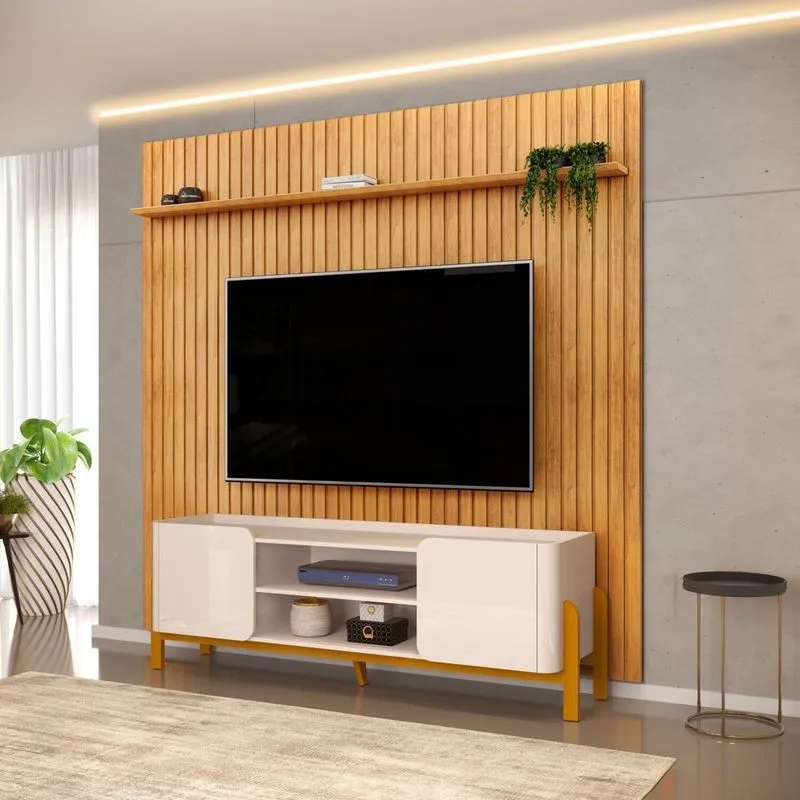 Rack Com Painel Ripado Para Tv Até 75 Polegadas Mdf 223cmx300,5cm Pés Em Madeira Maciça Cher Trento Off White/cedro