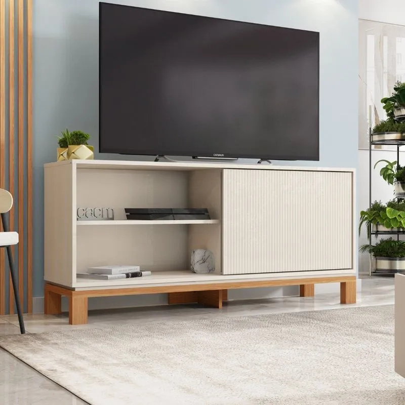 Rack Para Tv Até 55 Polegadas 136cm Porta Com Textura Microrripada Cavalete Mondrian 1.36 Bege Off White/freijó