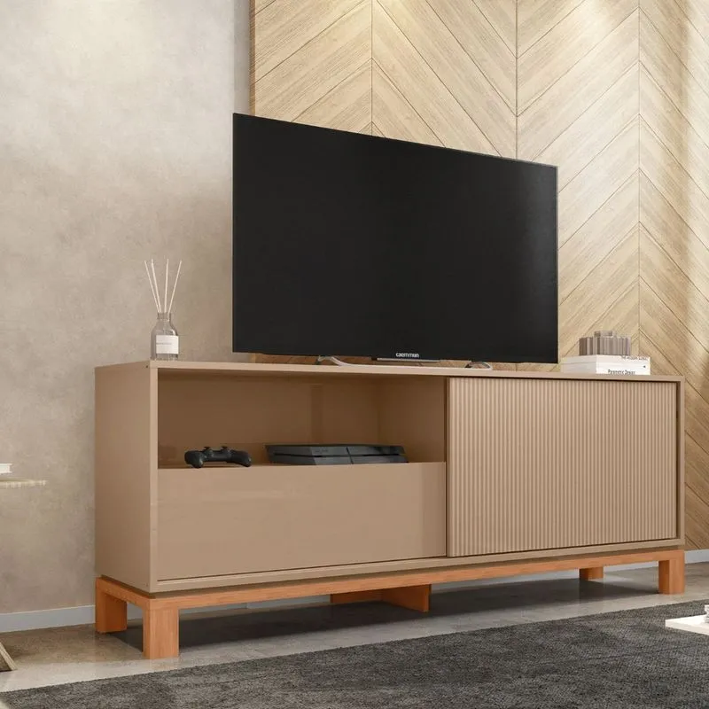 Rack Para Tv Até 55 Polegadas 150cm Porta Com Textura Microrripada Cavalete Mondrian 1.5 Marrom Freijó