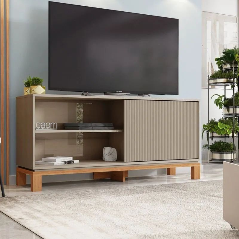 Rack Para Tv Até 55 Polegadas 136cm Porta Com Textura Microrripada Cavalete Mondrian 1.36 Marrom Freijó