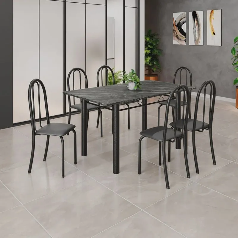 Conjunto de Mesa Tubular 140cm X 75cm Tampo em Ardósia Indiano com 6 Cadeiras Iris B Preto
