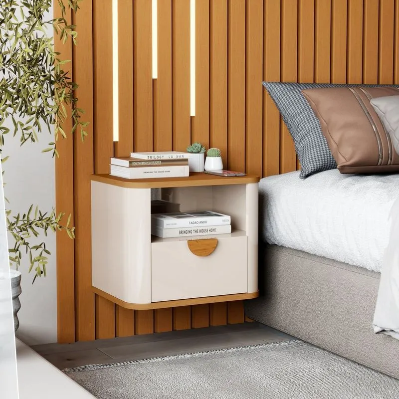Mesa De Cabeceira Suspensa Curva Buriti Bege Offwhite/nature