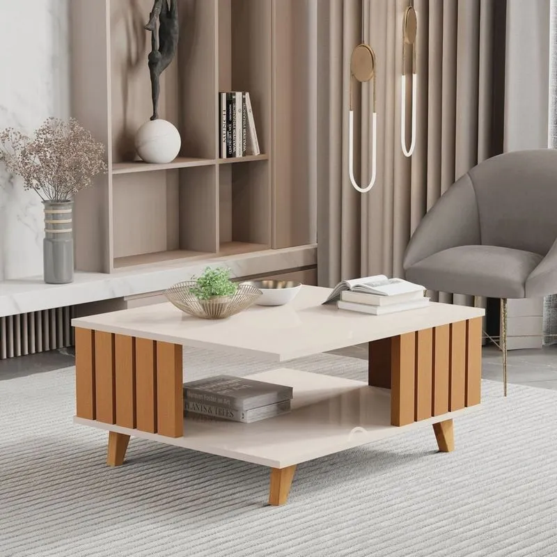 Mesa de Centro Ripada Pés em Madeira Maciça Açaí 33x70x60 Cm