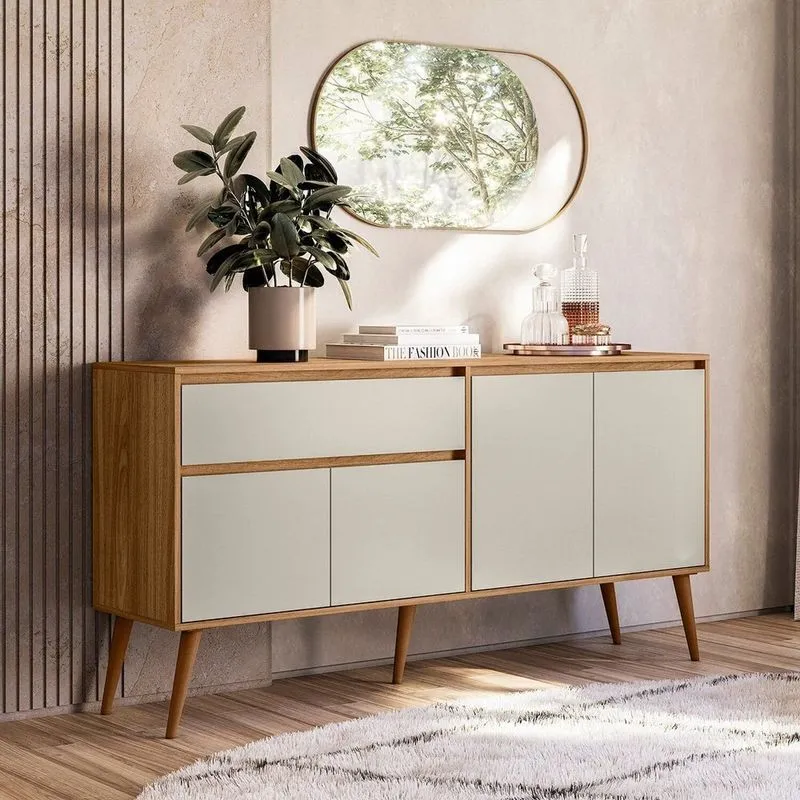 Aparador Buffet 4 Portas 1 Gaveta Retrô Ravi Marrom/nature/off White Nature/ Off White