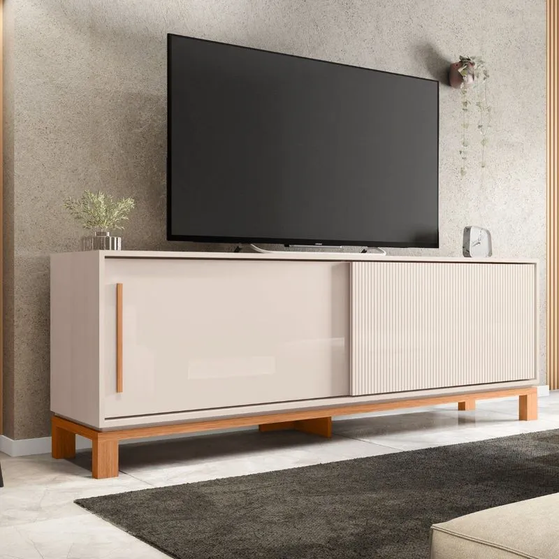 Rack Para Tv Até 65 Polegadas 179,4cm Portas Com Textura Microrripada Cavalete Mondrian 1.8 Off White/freijó