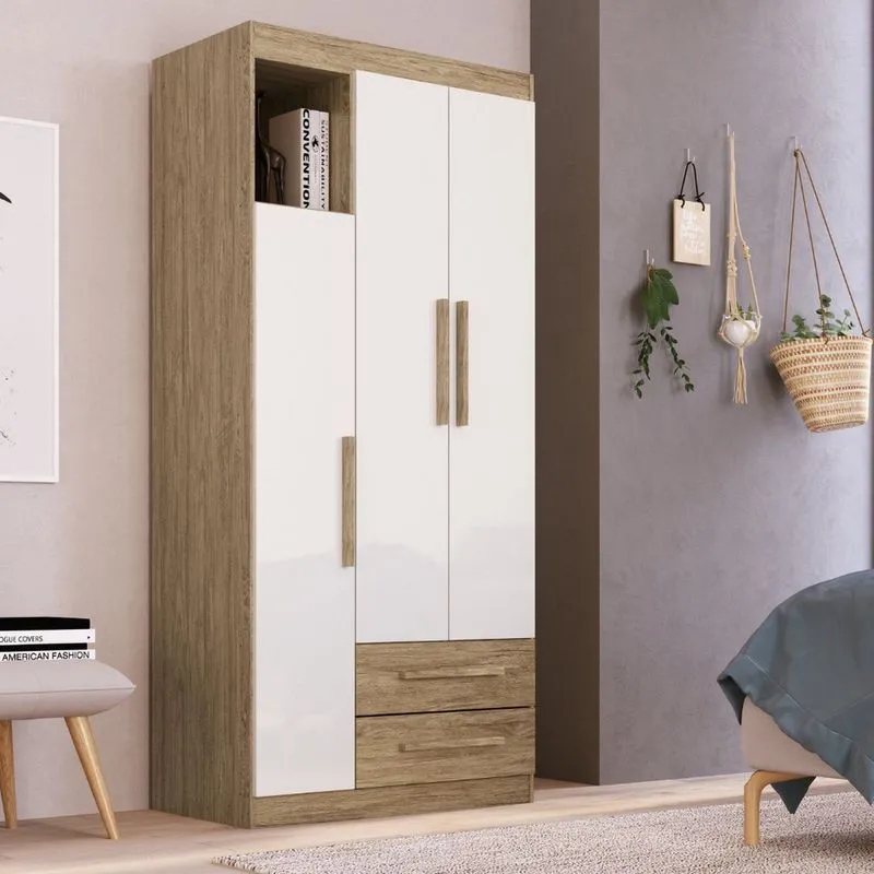 Guarda-roupa Solteiro 3 Portas 2 Gavetas Bege/wood/branco Wood/branco